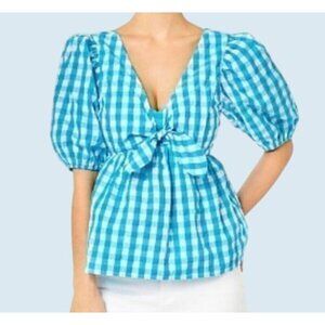 LILLY PULITZER Sarafina Gingham Babydoll Tie Front Puff Sleeve Top Size 2